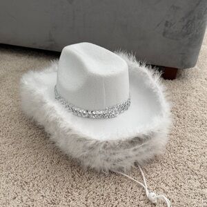 White Furry Cowboy Hat with Silver Sequins